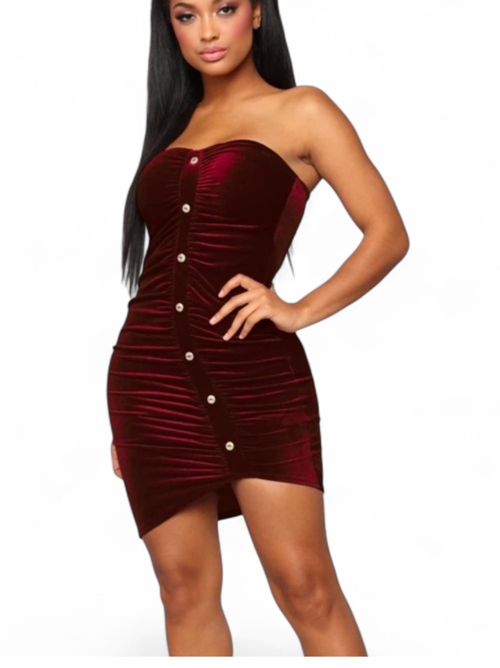 Fashion Noca Strapless Velvet Button-Front Mini Dress in Burgundy